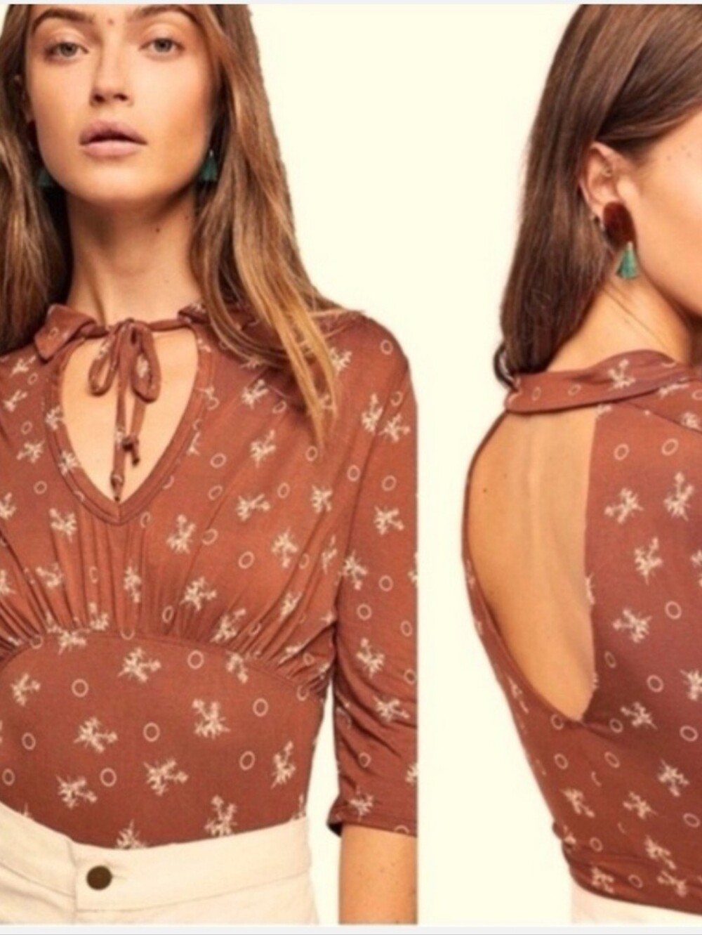 Free People Rust Floral Tie-Back Blouse